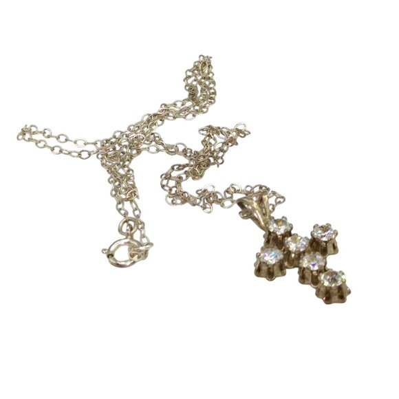 Sterling Silver CZ Cross Pendant on Delicate 925 Chain Necklace - Picture 2 of 5